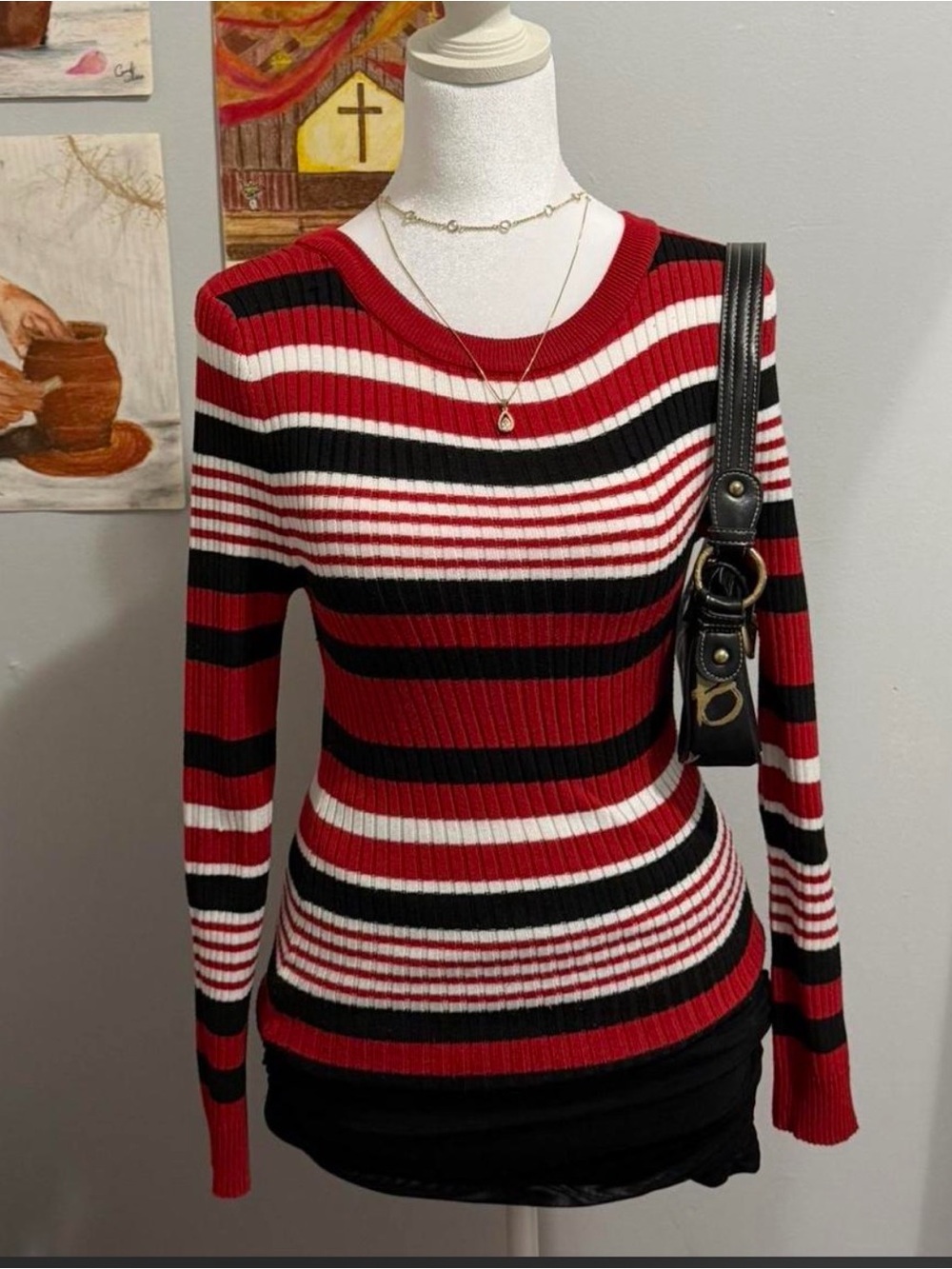 Roma Striped Ribbed Knit Top in Red, Black & White
